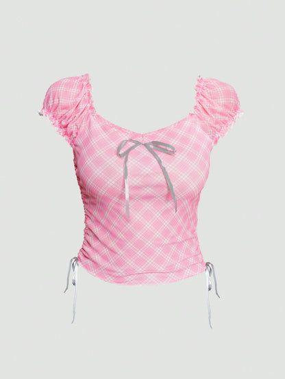 ROMWE Kawaii Camisa elegante de dama a cuadros rosa con manga abullonada, lazo de corbata en la cintura, fruncido en los lados y escote cuadrado bajo