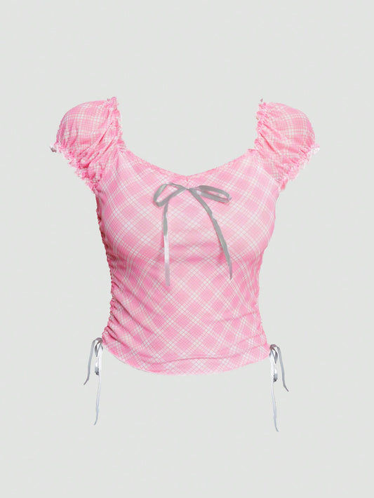 ROMWE Kawaii Camisa elegante de dama a cuadros rosa con manga abullonada, lazo de corbata en la cintura, fruncido en los lados y escote cuadrado bajo