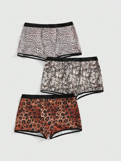 ROMWE Set de 3 piezas de bragas sin costuras de punto con estampado de leopardo para mujeres