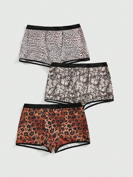 ROMWE Set de 3 piezas de bragas sin costuras de punto con estampado de leopardo para mujeres