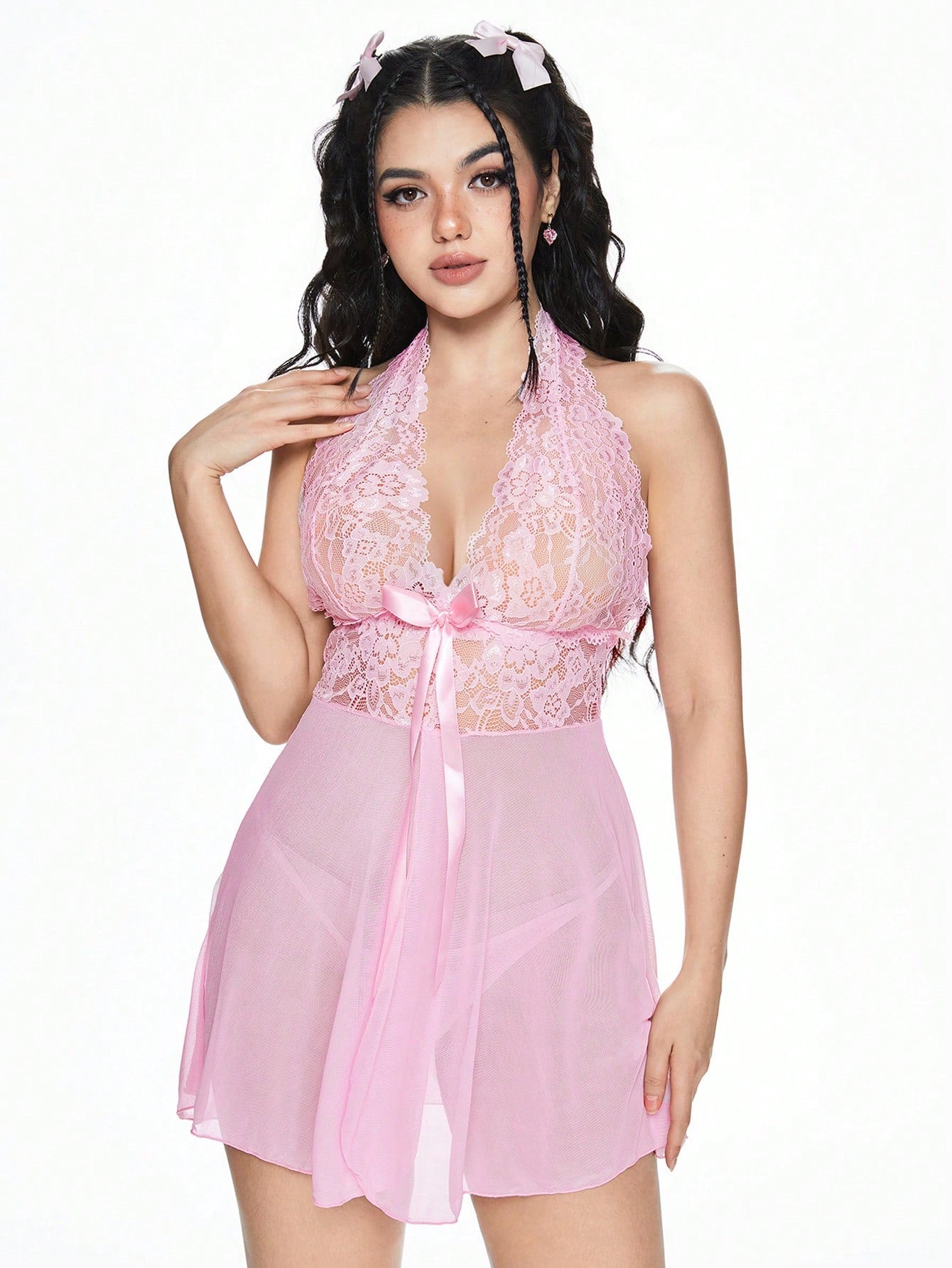 ROMWE Kawaii Conjunto de mini vestido con lazo de atar en el cuello estilo encaje, para el Día de San Valentín romántico