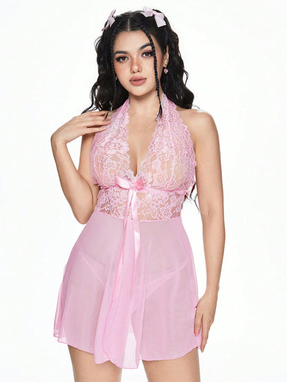 ROMWE Kawaii Conjunto de mini vestido con lazo de atar en el cuello estilo encaje, para el Día de San Valentín romántico