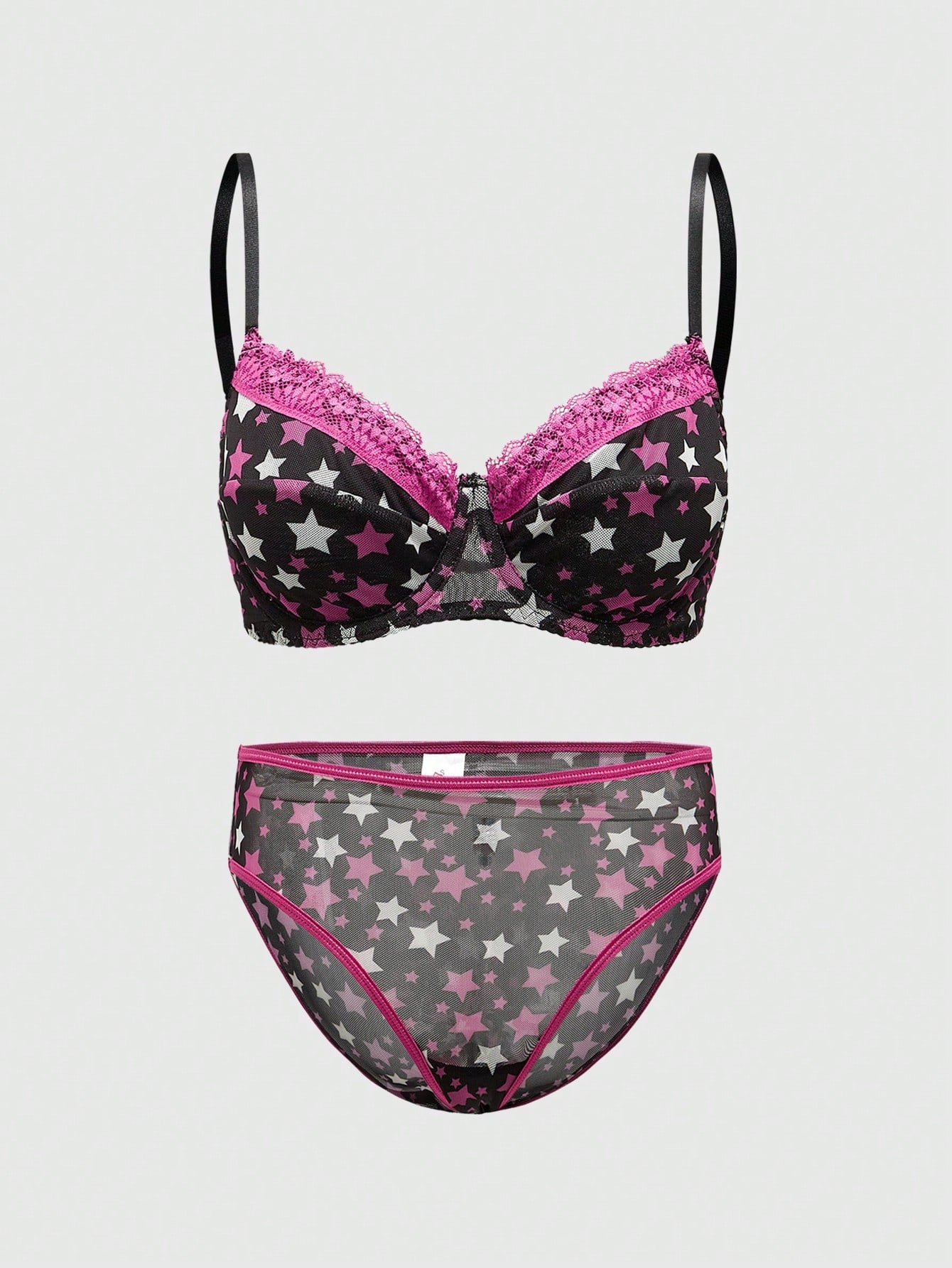 ROMWE J-Fashion Conjunto sexy de lencería Shibuya Gal con estrellas de cinco puntas y detalles de encaje y malla