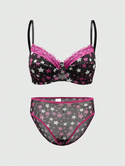 ROMWE J-Fashion Conjunto sexy de lencería Shibuya Gal con estrellas de cinco puntas y detalles de encaje y malla