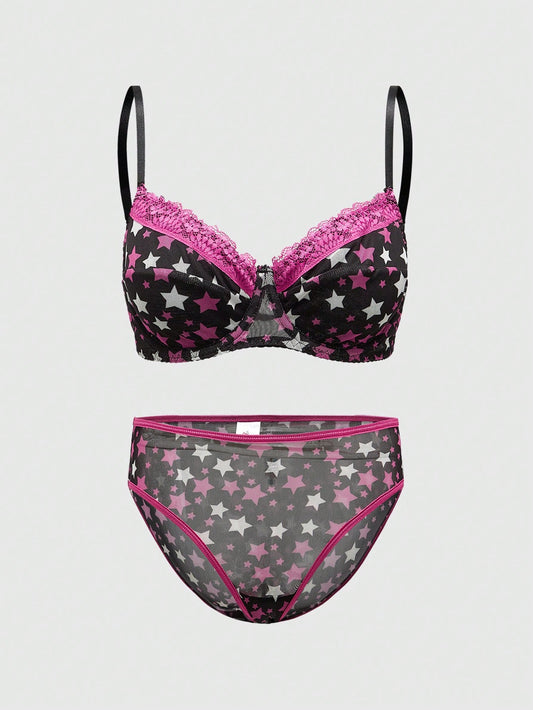 ROMWE J-Fashion Conjunto sexy de lencería Shibuya Gal con estrellas de cinco puntas y detalles de encaje y malla