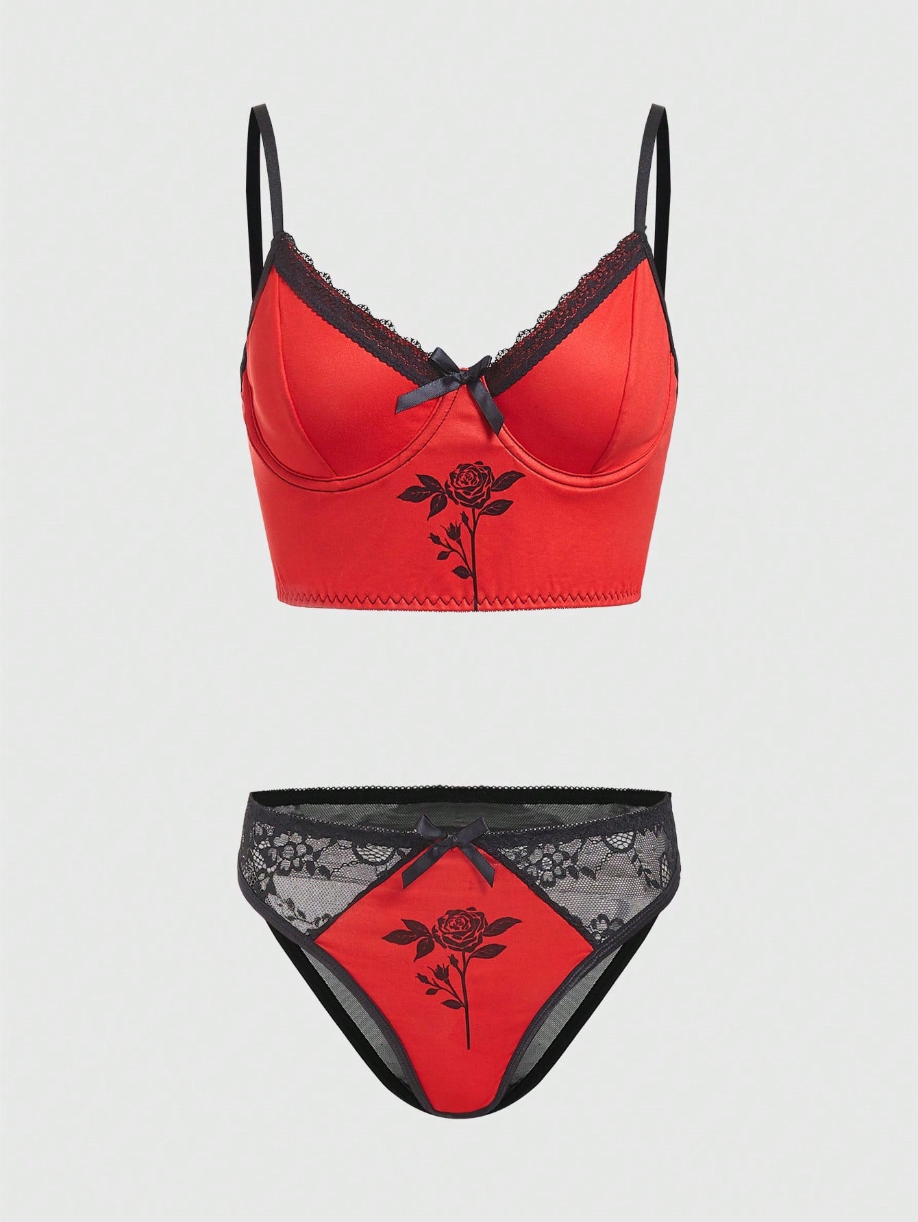 ROMWE Goth Sujetador Con Aros Para Mujer, Conjunto De Lencería Con Diseño De Rosa Impresa Y Encajes