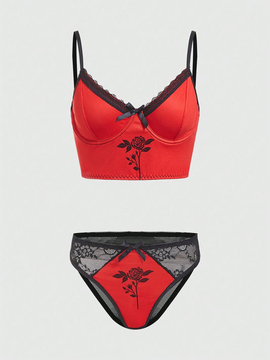 ROMWE Goth Sujetador Con Aros Para Mujer, Conjunto De Lencería Con Diseño De Rosa Impresa Y Encajes