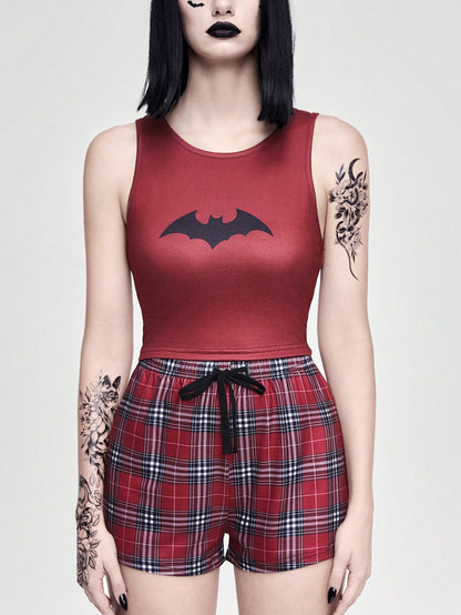 ROMWE Grunge Punk Conjunto de pijama casual de top tipo tank con estampado de araña de estilo punk rock oscuro y shorts a cuadros con lazo para mujer