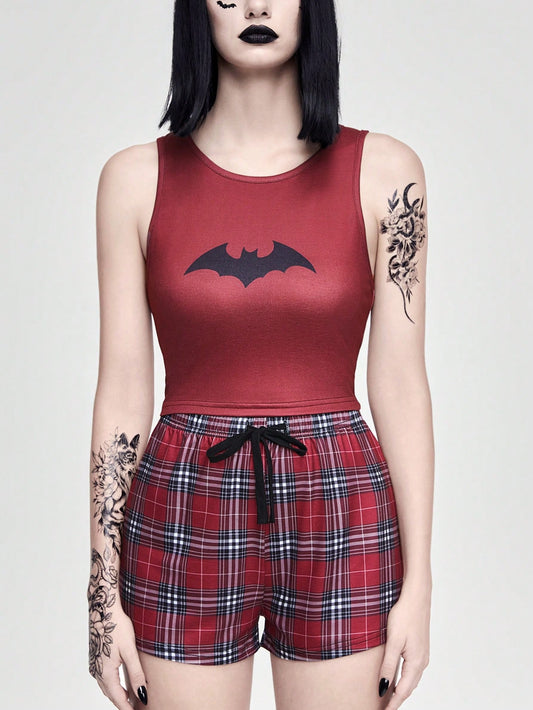 ROMWE Grunge Punk Conjunto de pijama casual de top tipo tank con estampado de araña de estilo punk rock oscuro y shorts a cuadros con lazo para mujer