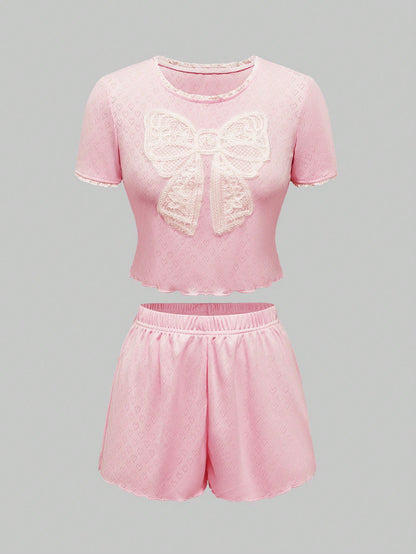 ROMWE Kawaii Conjunto de pijama de mujer con encaje de punto hueco y lazo romántico y encantador en forma de corazón