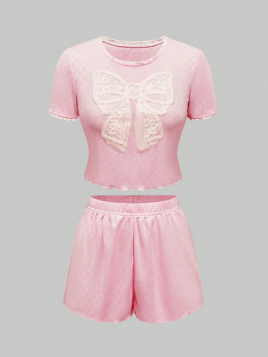 ROMWE Kawaii Conjunto de pijama de mujer con encaje de punto hueco y lazo romántico y encantador en forma de corazón