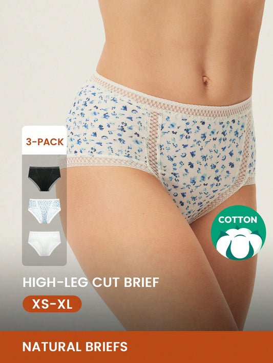 LUVLETTE paquete de 3 bragas de talle alto de algodón y encaje con estampado floral para mujer
