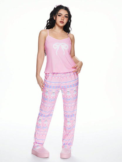 ROMWE Kawaii Conjunto de pijama informal de camiseta y pantalón corto con estampado de conejito Kawaii, rosa, corazón y lazo