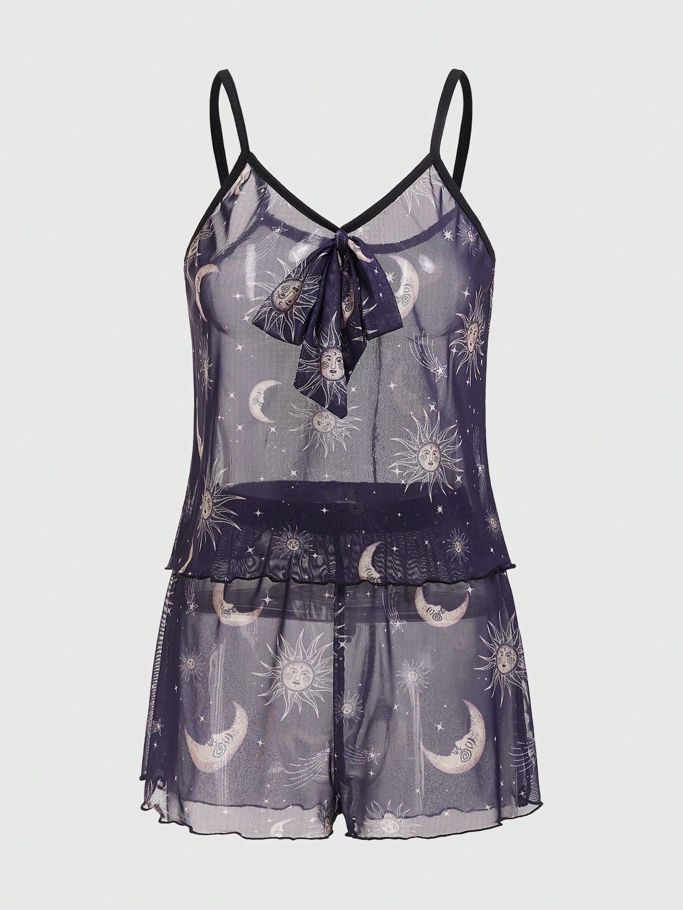 ROMWE Goth Conjunto De Pijama De Top Sin Mangas Y Shorts Con Impresión De Dígitos En La Malla Translúcida Para Mujer Y Lazo En La Parte Delantera