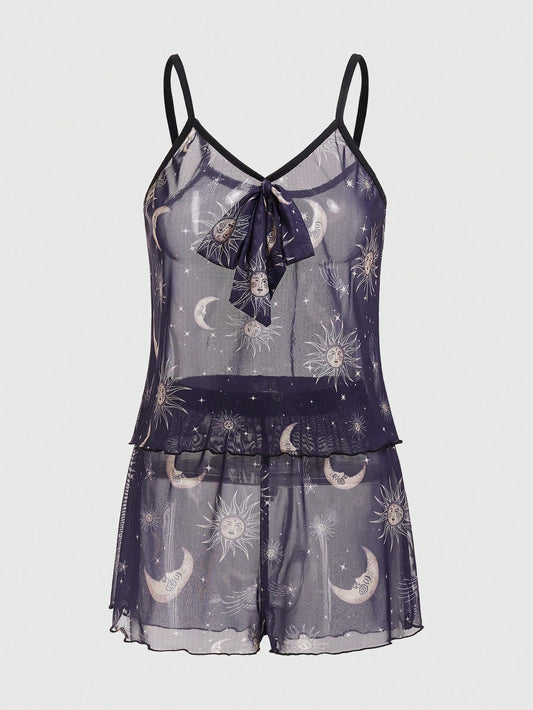 ROMWE Goth Conjunto De Pijama De Top Sin Mangas Y Shorts Con Impresión De Dígitos En La Malla Translúcida Para Mujer Y Lazo En La Parte Delantera