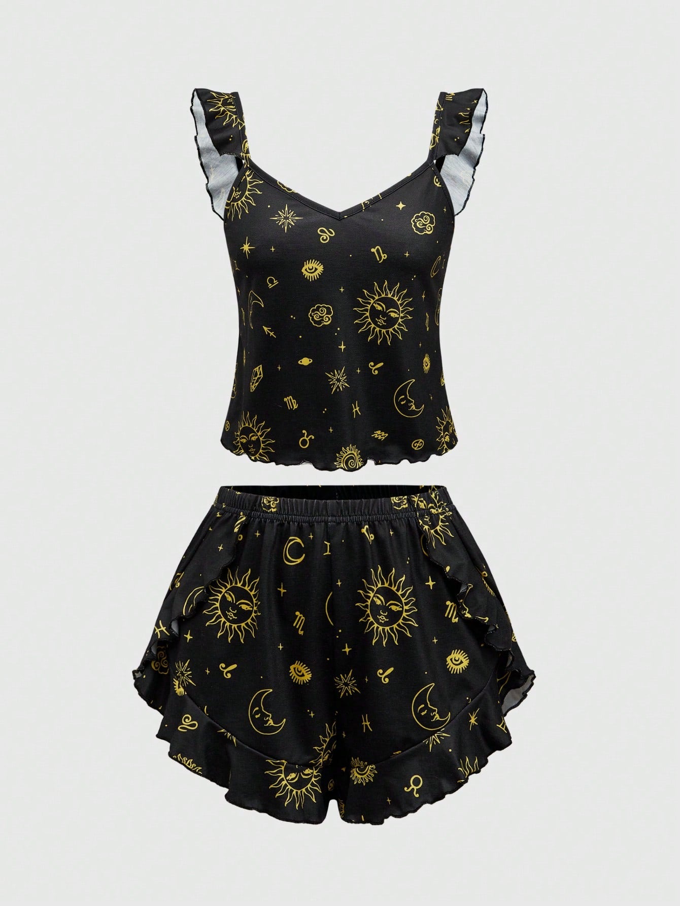 ROMWE Hippie Conjunto de pijama informal con estampado de estrellas de día y noche y dobladillo con volantes