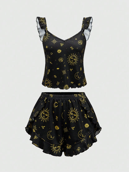 ROMWE Hippie Conjunto de pijama informal con estampado de estrellas de día y noche y dobladillo con volantes