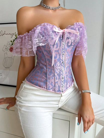 Parte Superior Del Cuerpo Cruzado Con Encaje De Jacquard Y Patchwork Ajustado