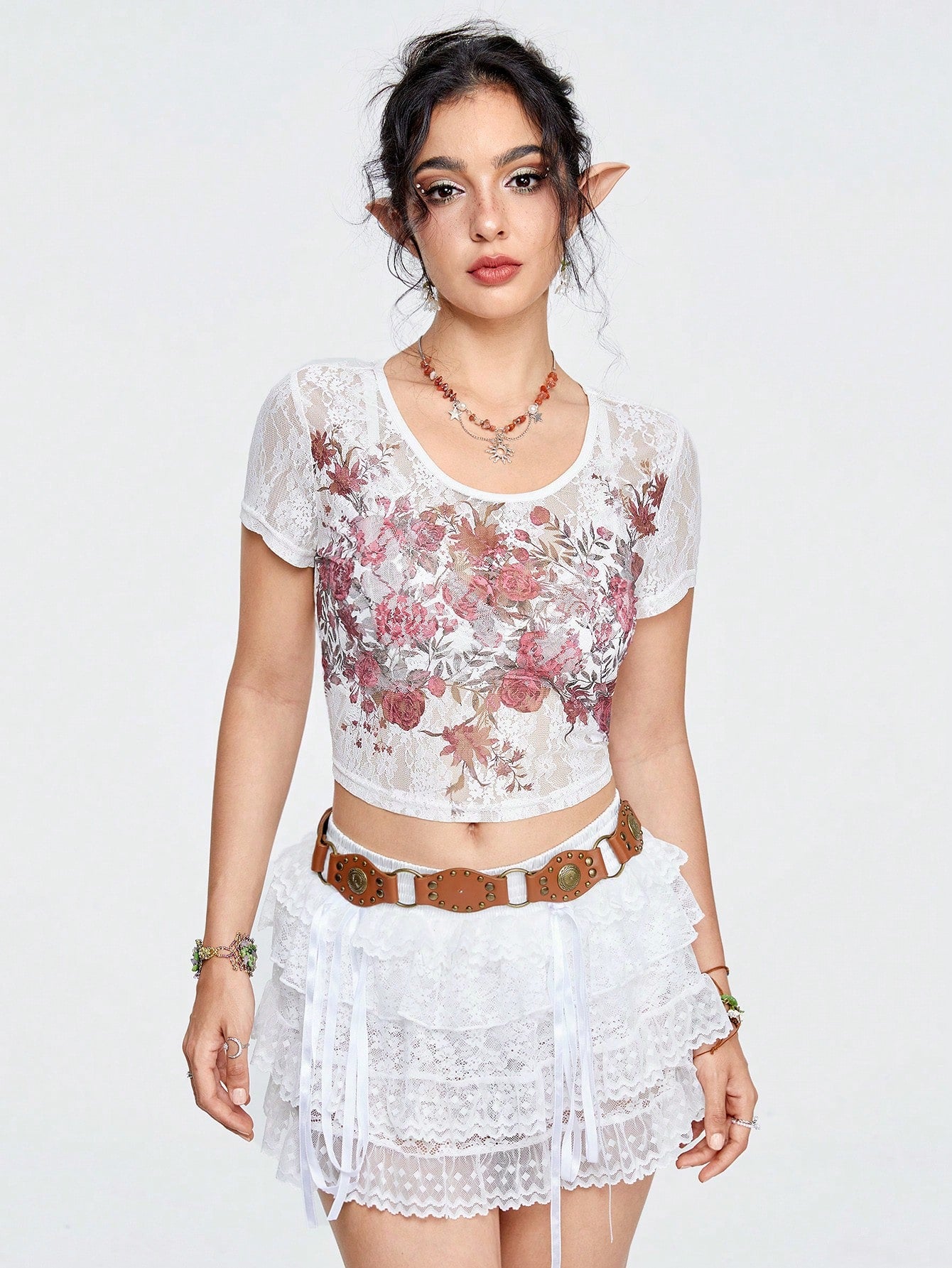 ROMWE Fairycore Top de manga corta de encaje con estampado de rosa para mujer