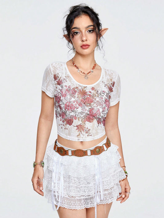 ROMWE Fairycore Top de manga corta de encaje con estampado de rosa para mujer