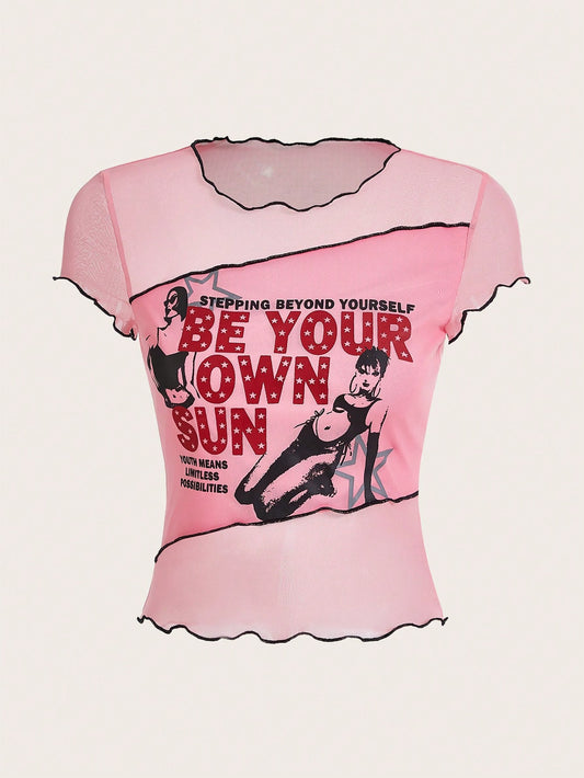 SHEIN ICON Top con estampado de slogan y figura ribete en forma de lechuga de malla