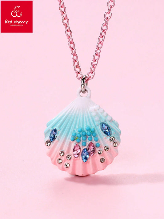 1 pieza Collar colgante con decoración de piedras rhinestone y pintura de degradado de concha de aleación de zinc para niñas pequeñas, joyería de uso casual