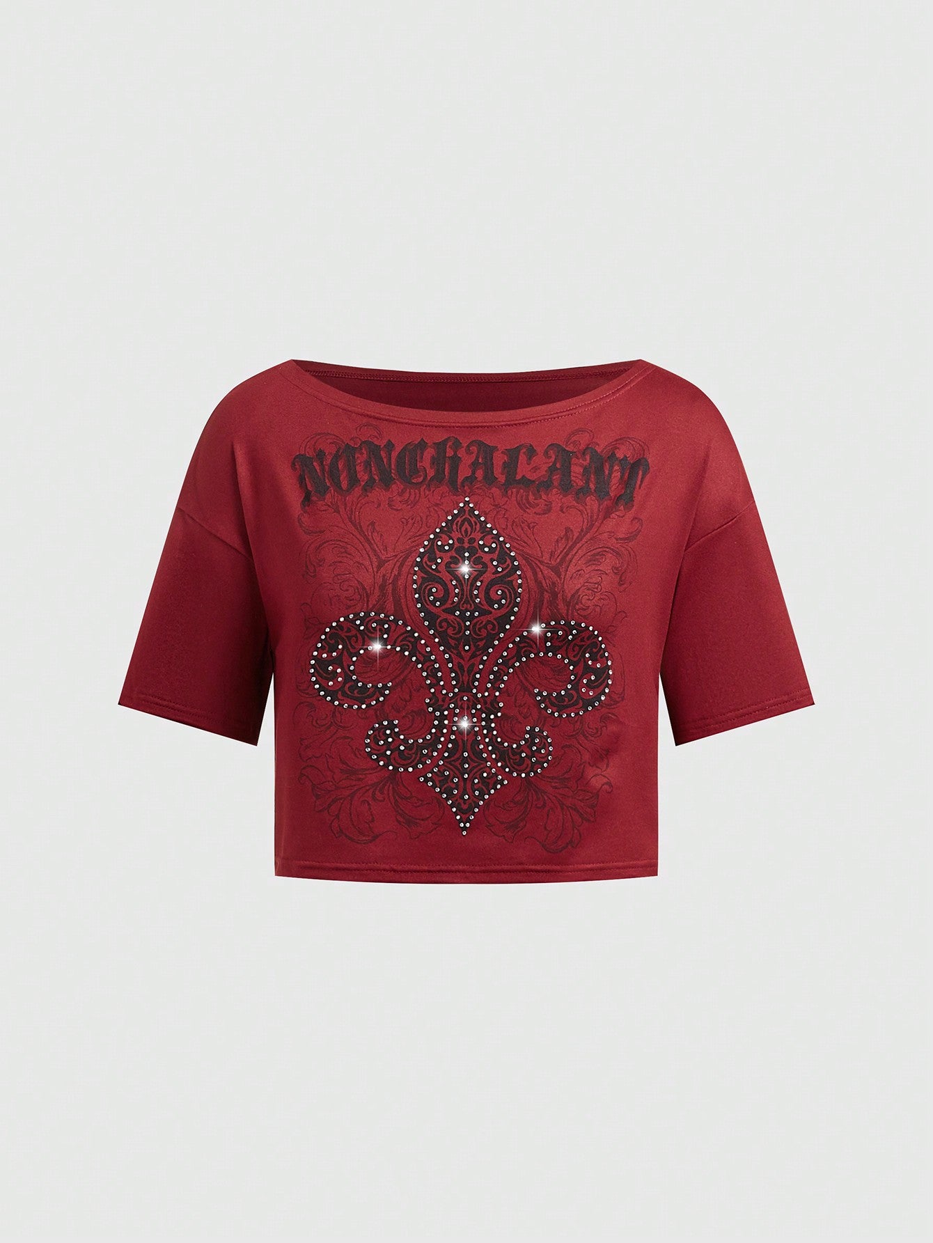 ROMWE Grunge Punk Camiseta Con Cuello Redondo Amplio Y Con Diseño De Flores, Diamantes De Imitación, Letras De Vid Y Con Hombros Caidos Para Mujeres Con Mangas Cortas Y Ajuste Holgado