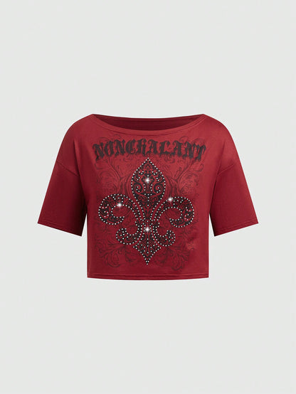 ROMWE Grunge Punk Camiseta Con Cuello Redondo Amplio Y Con Diseño De Flores, Diamantes De Imitación, Letras De Vid Y Con Hombros Caidos Para Mujeres Con Mangas Cortas Y Ajuste Holgado