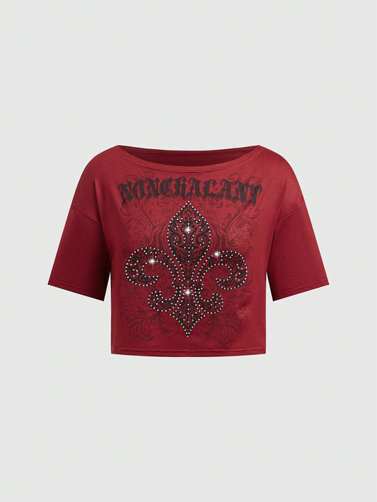 ROMWE Grunge Punk Camiseta Con Cuello Redondo Amplio Y Con Diseño De Flores, Diamantes De Imitación, Letras De Vid Y Con Hombros Caidos Para Mujeres Con Mangas Cortas Y Ajuste Holgado