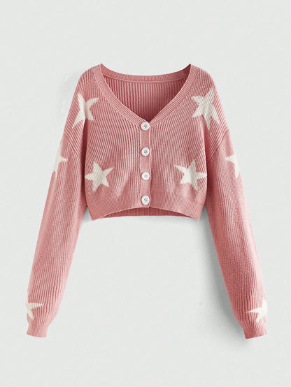 ROMWE Kawaii Cárdigan con bloque de color y estampado de estrellas, estilo casual para otoño