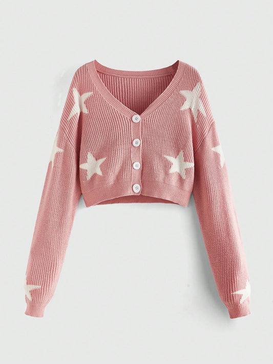 ROMWE Kawaii Cárdigan con bloque de color y estampado de estrellas, estilo casual para otoño
