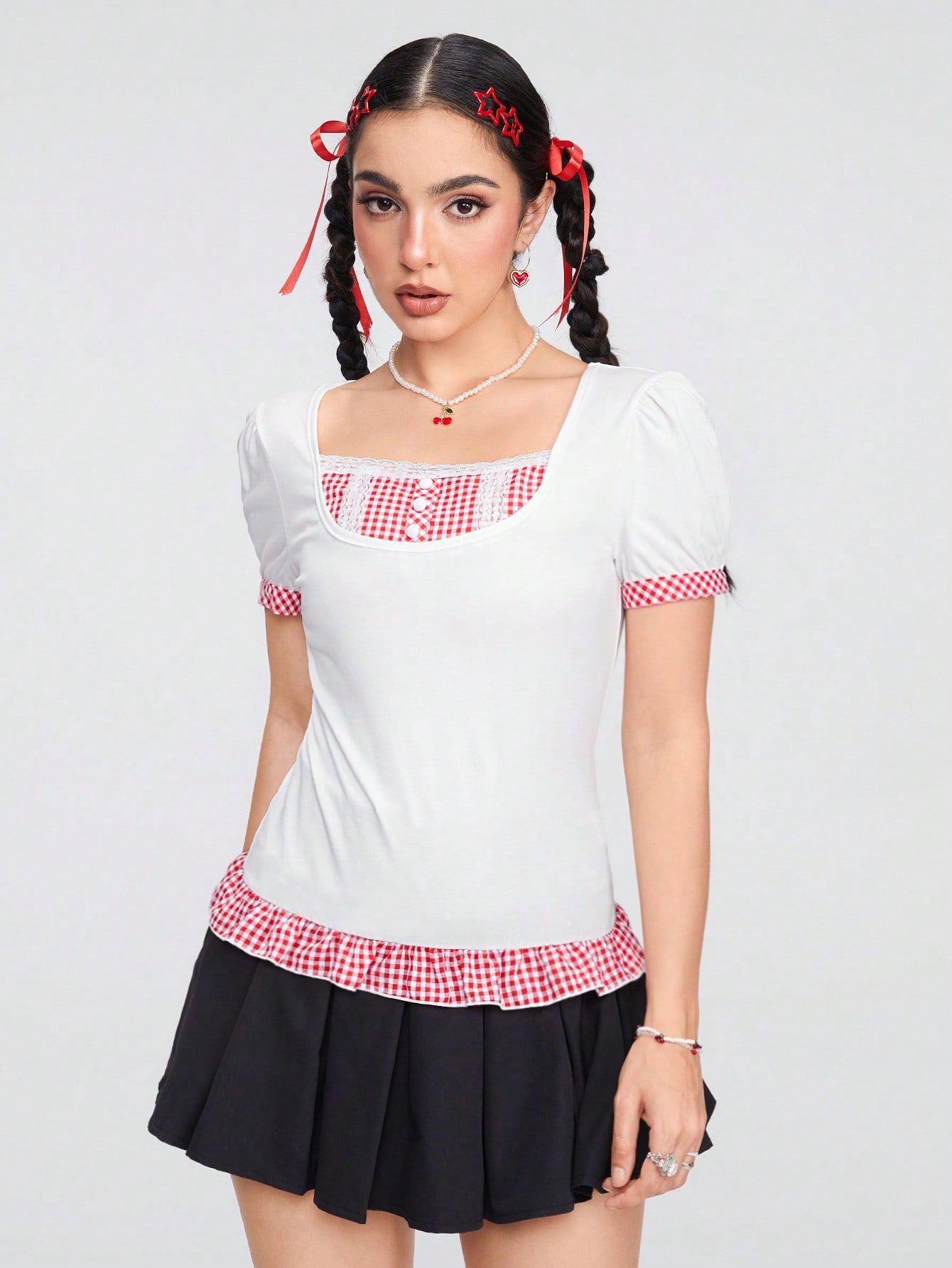 ROMWE Kawaii Camiseta de diseño a cuadros rojos y blancos de moda para mujeres en verano
