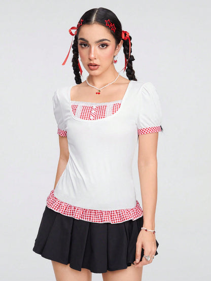 ROMWE Kawaii Camiseta de diseño a cuadros rojos y blancos de moda para mujeres en verano