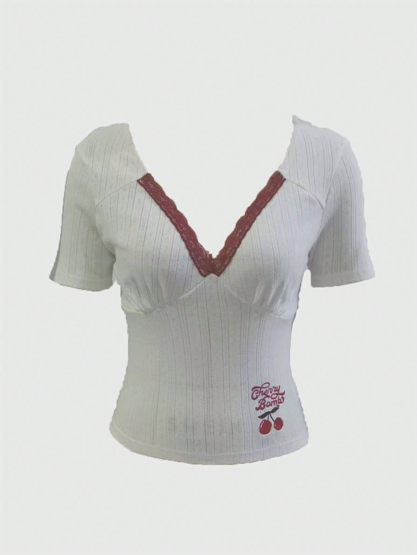 ROMWE Kawaii Camiseta de manga corta con cuello de encaje bordado con flores de cerezo para mujeres, escolar