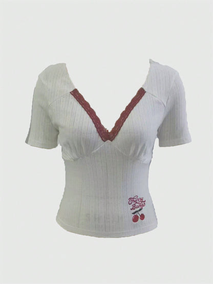 ROMWE Kawaii Camiseta de manga corta con cuello de encaje bordado con flores de cerezo para mujeres, escolar