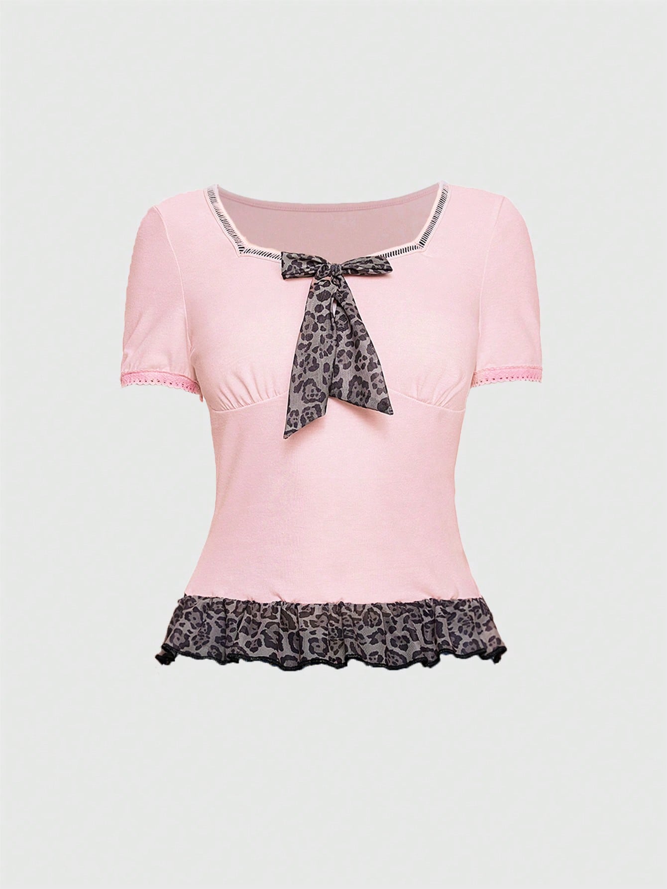 ROMWE Kawaii Camiseta de señora de cuello de escote redondo con detalles de estampado de leopardo y lazo, ajustada en la cintura