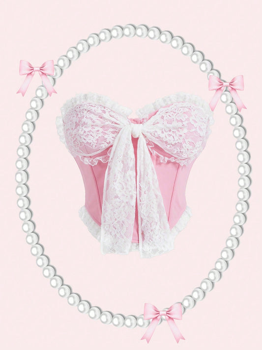 SHEIN MOD Top bandeau de encaje rosa para mujer, corpiño vintage, top de encaje, ropa vintage para mujer, top rosa, vuelta al colegio, Y2K
