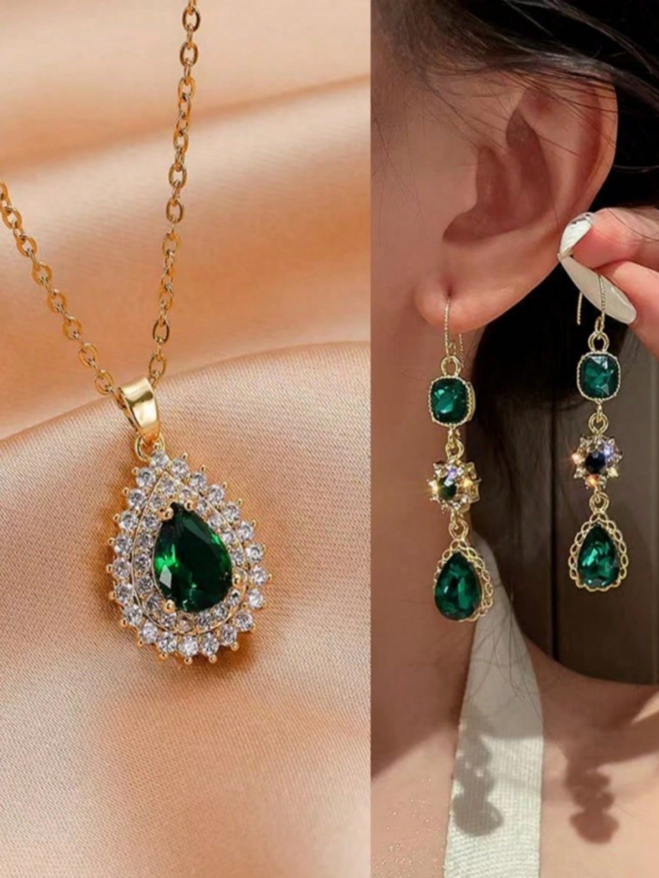 3 Piezas/set Conjunto De Collar Y Aretes De Color Verde Oscuro
