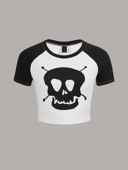 ROMWE Grunge Punk Camiseta de manga corta de estilo casual de verano con estampado de esqueleto y color contrastante