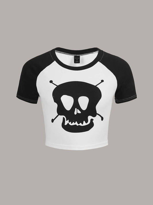 ROMWE Grunge Punk Camiseta de manga corta de estilo casual de verano con estampado de esqueleto y color contrastante
