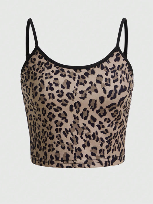 ROMWE Grunge Punk Top de tirantes con estampado de leopardo unido en contraste