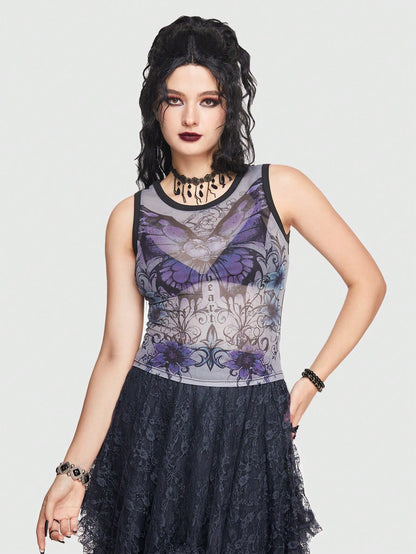 ROMWE Goth Top tank con estampado de mariposa sin sujetador