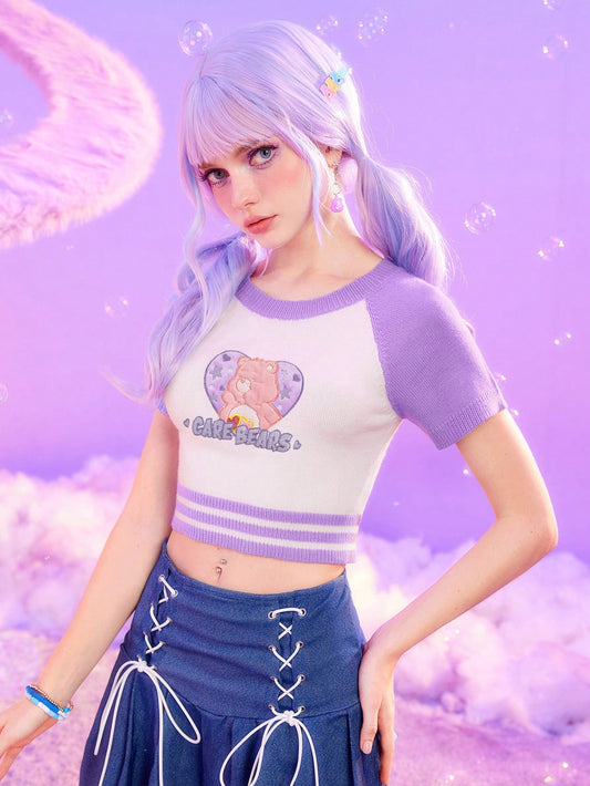 ROMWE X Care Bears Sudadera De Manga Corta Corta Con Estampado De Letras De Dibujos Animados A Bloques De Color