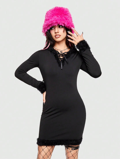 ROMWE Kawaii Vestido Con Capucha Para Mujer Con Cinturón Y Remiendos