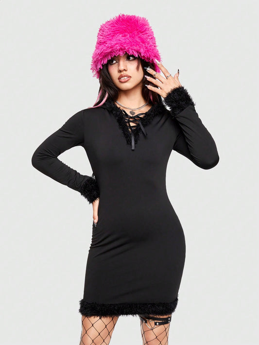 ROMWE Kawaii Vestido Con Capucha Para Mujer Con Cinturón Y Remiendos