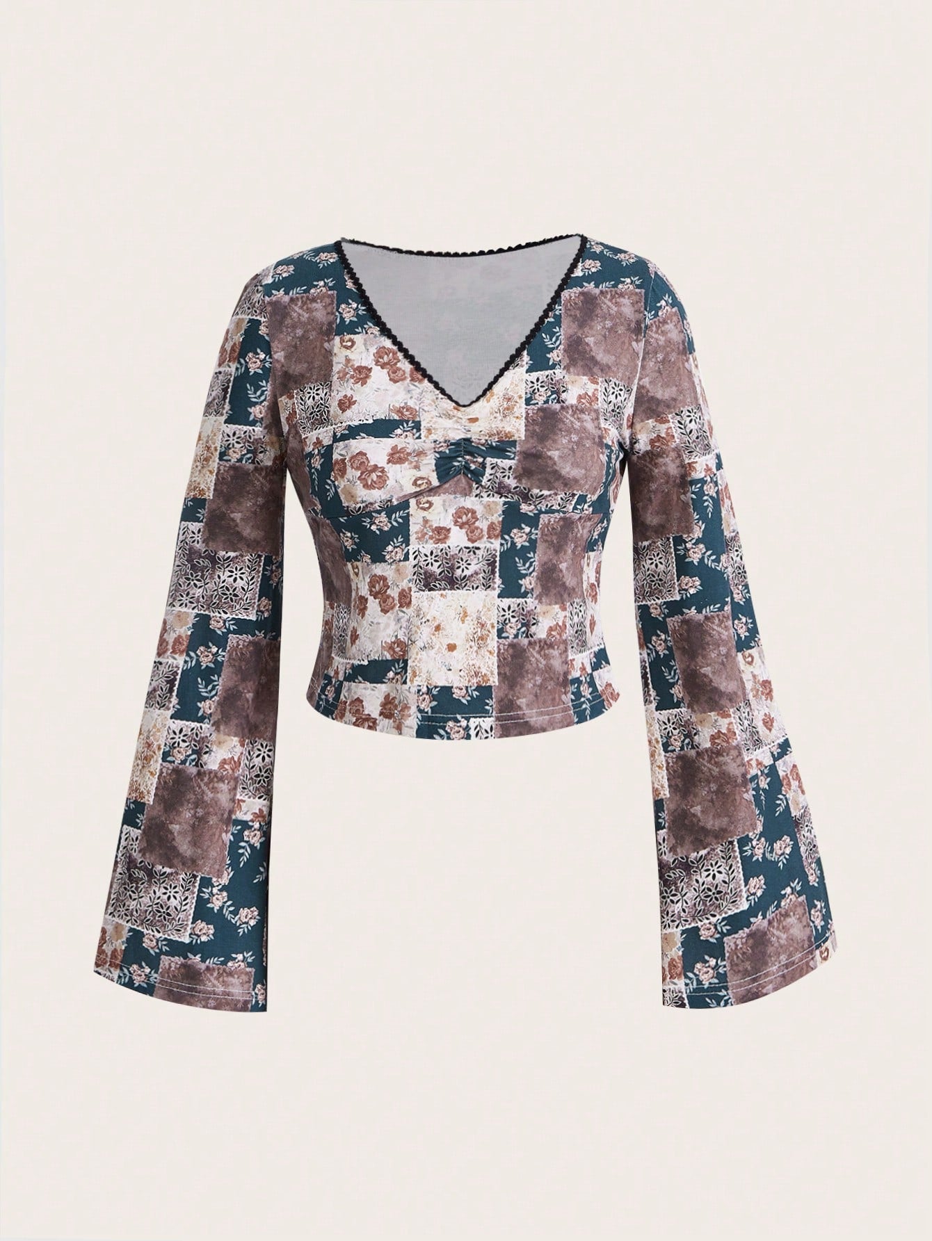 ROMWE Hippie Camiseta De Manga Larga Y Cuello En V Con Estampado De Patchwork