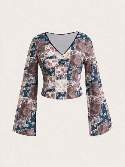 ROMWE Hippie Camiseta De Manga Larga Y Cuello En V Con Estampado De Patchwork