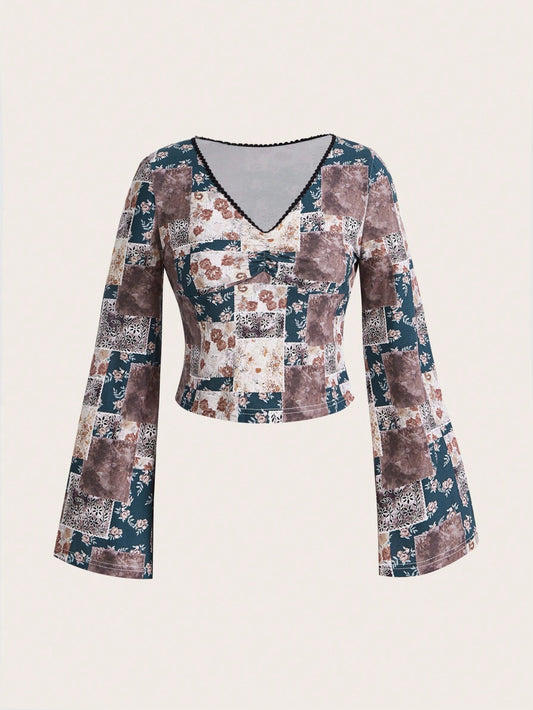 ROMWE Hippie Camiseta De Manga Larga Y Cuello En V Con Estampado De Patchwork