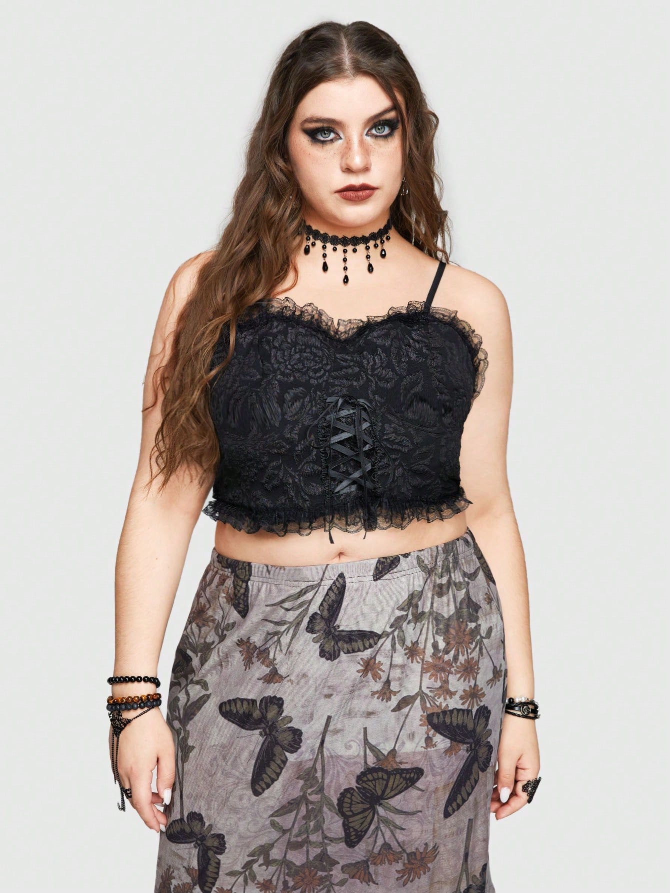 ROMWE Goth Camiseta Floral Jacquard Con Tirantes Cruzados Y Encaje De Gran Tamaño Y Estilo De Vacaciones