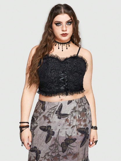 ROMWE Goth Camiseta Floral Jacquard Con Tirantes Cruzados Y Encaje De Gran Tamaño Y Estilo De Vacaciones